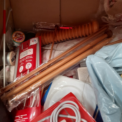 28 - Sewing/knitting lot. Knitting needles, lots of cotton reels, other vintage knitting items and more