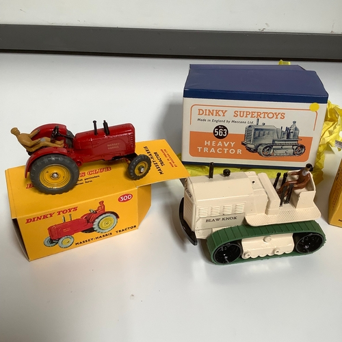 266 - Dinky Massey Harris tractors x2 Blaw Knox heavy tractor - repainted in repro boxes