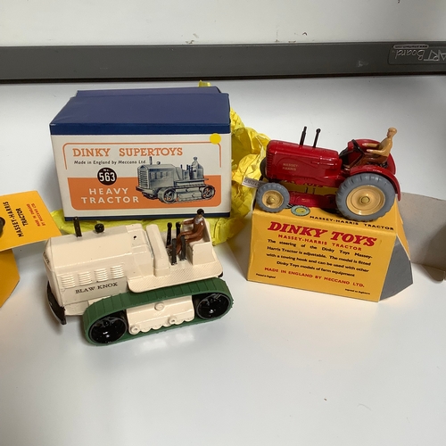 266 - Dinky Massey Harris tractors x2 Blaw Knox heavy tractor - repainted in repro boxes