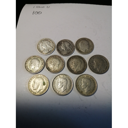 27A - 10 x silver threepenny bits coins 1898 to 1940 (1921 in about extremely fine condition)