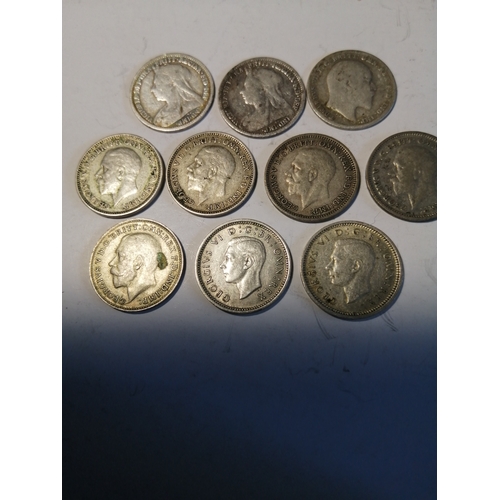 27A - 10 x silver threepenny bits coins 1898 to 1940 (1921 in about extremely fine condition)