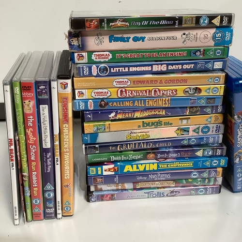 371 - Bag of children’s DVDs & Bluray dvds includes Family Guy shark tail bug life Thomas the Tank Engine ... 