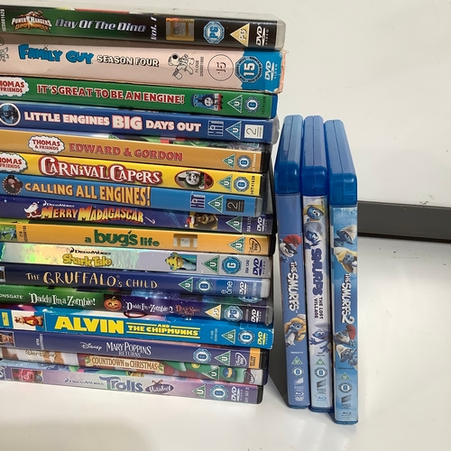 371 - Bag of children’s DVDs & Bluray dvds includes Family Guy shark tail bug life Thomas the Tank Engine ... 