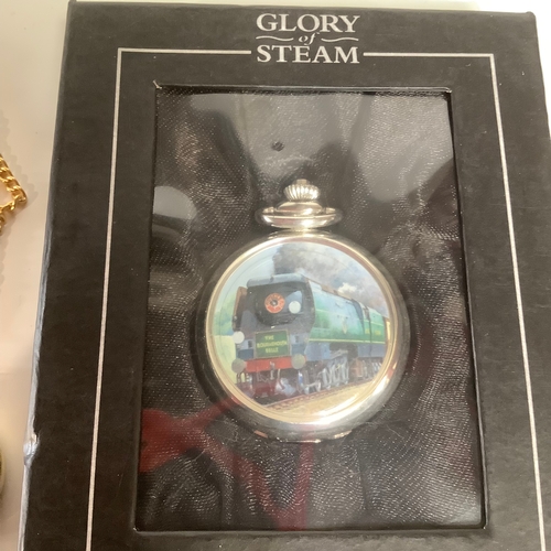 400 - Pocket watch steam of glory boxed plus gold coloured quartz watch on chain