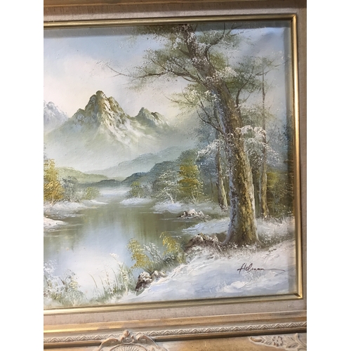 35 - Winter Scene oil painting signed picture in gold gilt frame