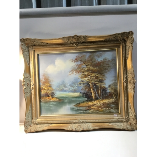 39 - Scenic Oil painting in gold frame signed K Stevens