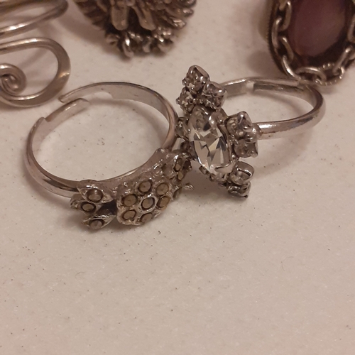 22 - A collection of silver coloured rings with some gothic style designs and some with various stones