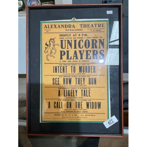 477 - Vintage framed 1958 Alexandra theatre poster unicorn players intent to murder etc