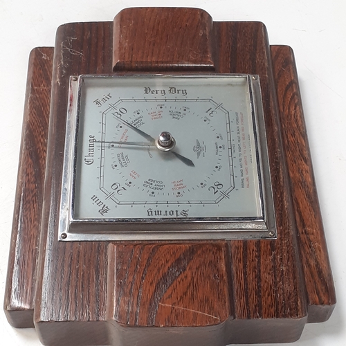 16 - Square solid oak barometer. Solid and nice detail. Brass fittings for wall mount