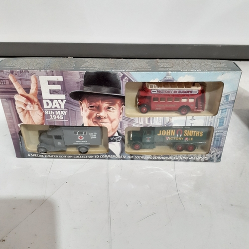 1 - VE day celebration collectible diecast. Lledo.  Cars in box never played with. Box shows a bit of we... 