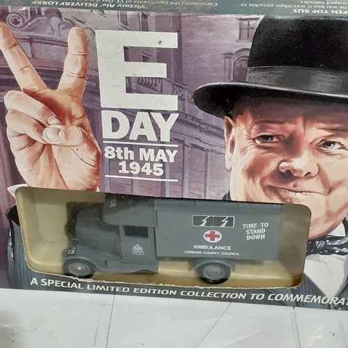 1 - VE day celebration collectible diecast. Lledo.  Cars in box never played with. Box shows a bit of we... 