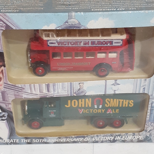 1 - VE day celebration collectible diecast. Lledo.  Cars in box never played with. Box shows a bit of we... 