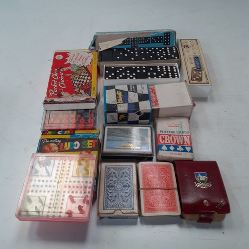 16 - Games lot including pocket Ludo, pocket Chess and Checkers, vintage cards and domino sets