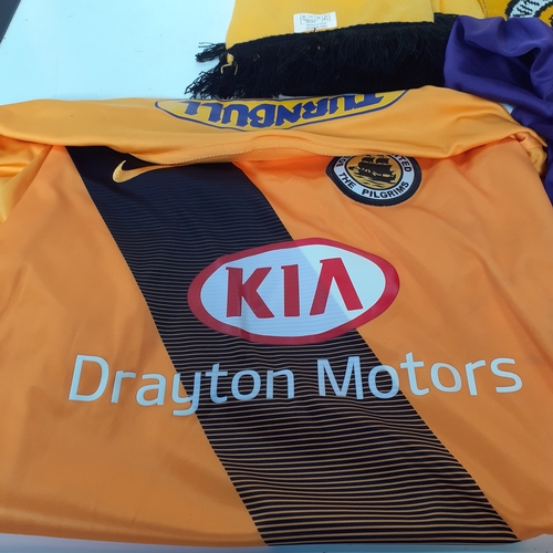 17 - Boston United football lot. Includes shirts and scarves. Sponsored by Tunball on the rear and Kia, D... 