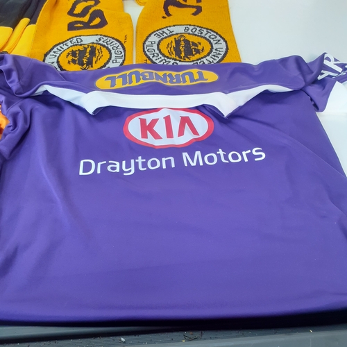 17 - Boston United football lot. Includes shirts and scarves. Sponsored by Tunball on the rear and Kia, D... 