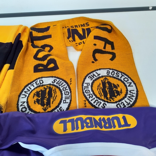 17 - Boston United football lot. Includes shirts and scarves. Sponsored by Tunball on the rear and Kia, D... 