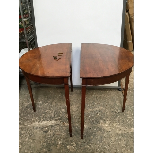 381 - Vintage mahogany duo of demi-lune tables - can also be joint together with 2x brass brackets to make... 