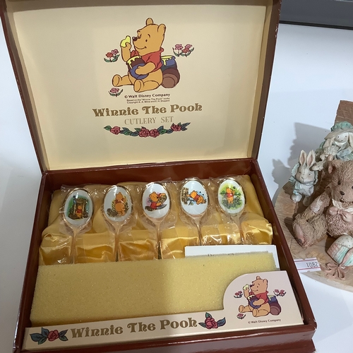 258 - K.Onishi Winnie The Pooh cutlery set & cherished teddies Old friends are the best