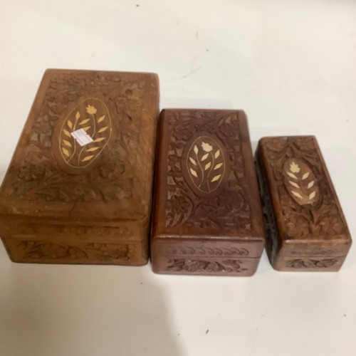 80 - Trio of wooden carved & inlaid boxes