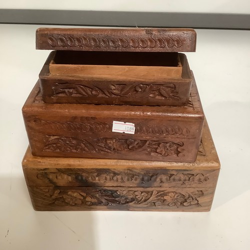 80 - Trio of wooden carved & inlaid boxes