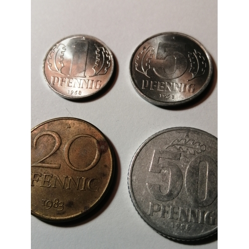 22A - COINS : EAST GERMANY (7 coins) 1 pfennig 1968, 5 pfennig 1968, 10 pfennig 1981, 20 pfennig 1983, 50 ... 