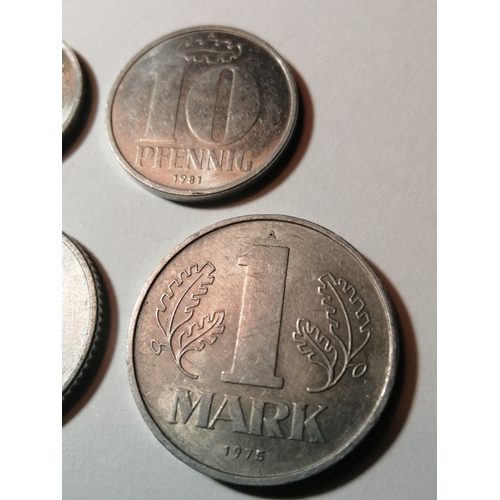 22A - COINS : EAST GERMANY (7 coins) 1 pfennig 1968, 5 pfennig 1968, 10 pfennig 1981, 20 pfennig 1983, 50 ... 