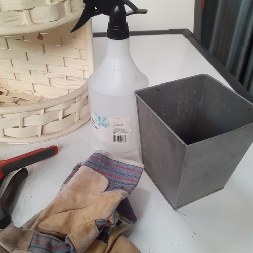 18 - Gardening lot. Includes several pairs of secateurs, tools, a wicker type planter, quantity of sandpa... 