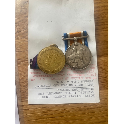 47 - 10217 PTE Edmund John Maurice, 166th Company, The Machine Gun Corps.
WWI British War & Victory Medal... 