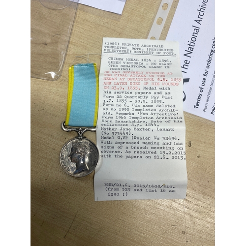 4 - 1966 Private Archibald Templeton Perthshire Volunteers Regt of Foot
Crimea Medal 1854-6 - no clasp a... 