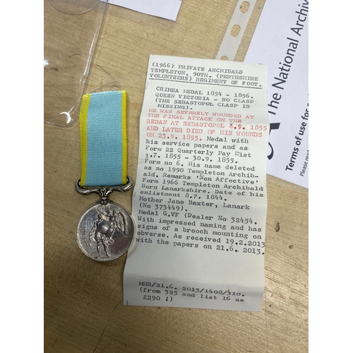 4 - 1966 Private Archibald Templeton Perthshire Volunteers Regt of Foot
Crimea Medal 1854-6 - no clasp a... 