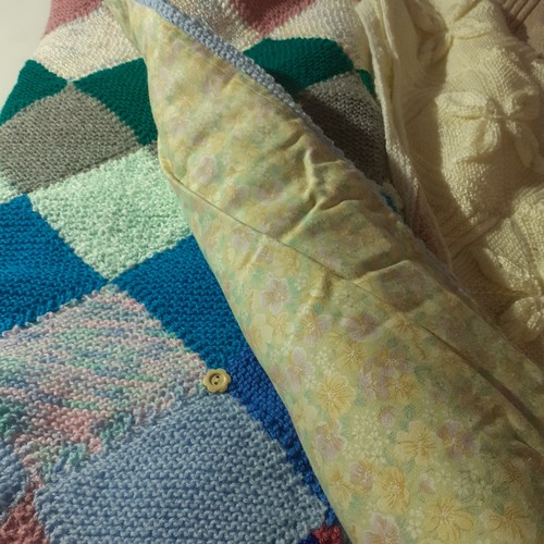 3 - 2 x hand knitted blankets. One has quilted back and the other beige and white pattern with raised de... 