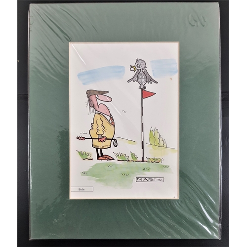 119A - 6 humorous colour golf themed prints in mounts. Sealed. Size: 20 cm x 25 cm.