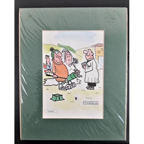 119A - 6 humorous colour golf themed prints in mounts. Sealed. Size: 20 cm x 25 cm.