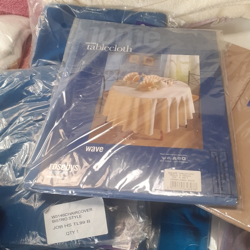 18 - Quantity of mixed linen ware. Includes 2 nice condition travel rugs, table cloths (new in packets), ... 