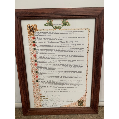 315 - Framed & glazed signed proclamation print detailing  self government of Rhodesia