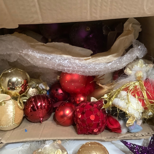 383 - Box of Christmas decorations - red, gold, plus purple