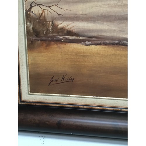 413 - Wildlife scenic landscape picture in mahogany frame signed y Grant Hacking