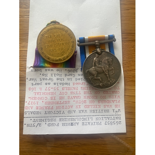 89A - 265857 Private Arthur Ford 2/5th Battalion Lincolnshire Regt
WWI British War & Victory medals - KIA ... 