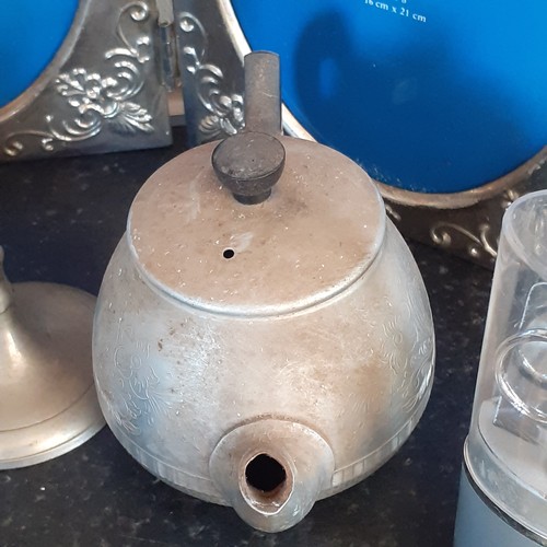 6 - A very interesting mixed metal lot. Includes pair of candlesticks with decorative knot design, a hor... 