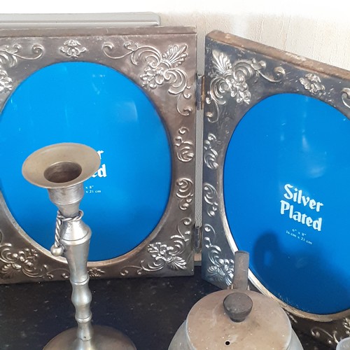 6 - A very interesting mixed metal lot. Includes pair of candlesticks with decorative knot design, a hor... 