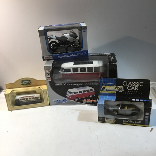 36 - Collection of collectable car tram motorcycle plus 1962 volkswagon bus all boxed