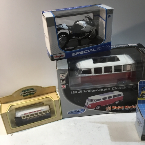 36 - Collection of collectable car tram motorcycle plus 1962 volkswagon bus all boxed