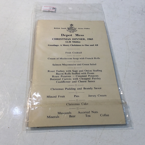 39 - British South Africa Police Depot Mess christmas dinner 1965 Menu plus postcards