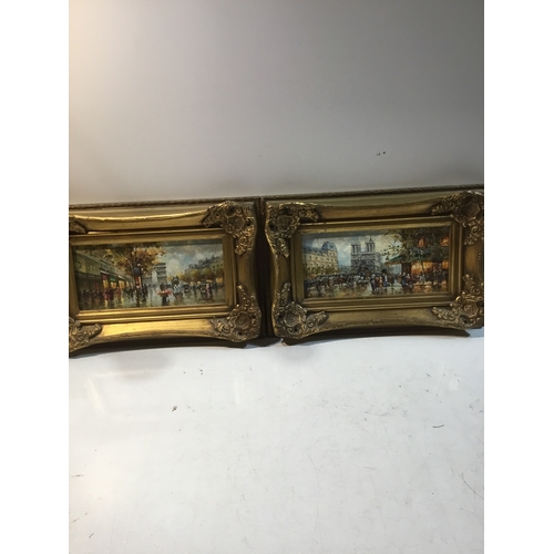 42 - Two oil paintings of street views signed by Burnett in gold gilt frames - 25x15cm