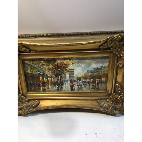 42 - Two oil paintings of street views signed by Burnett in gold gilt frames - 25x15cm