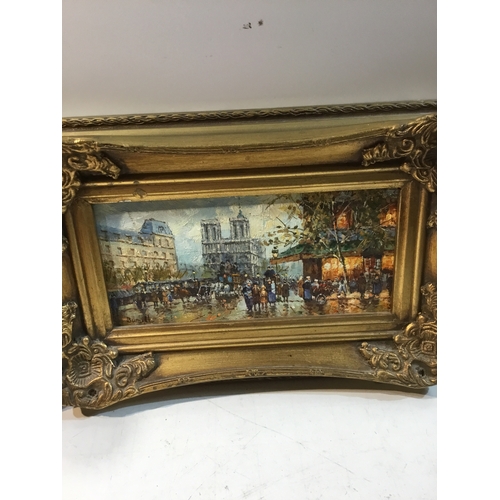 42 - Two oil paintings of street views signed by Burnett in gold gilt frames - 25x15cm