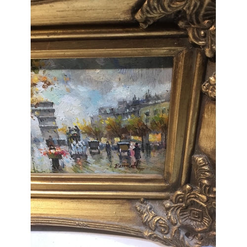 42 - Two oil paintings of street views signed by Burnett in gold gilt frames - 25x15cm