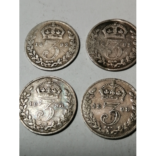 29A - 4 x Victorian silver threepenny bits dated 1892,1895,1896 and 1899