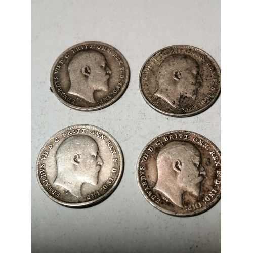 30A - 4 x Edward Vll silver threepences dated 1902, 1907,1908 and 1910