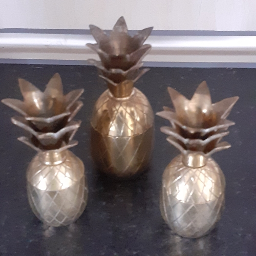 1 - Three small brass pineapple trinket pots. Lidded, with 2 same size and one slightly bigger, these ha... 